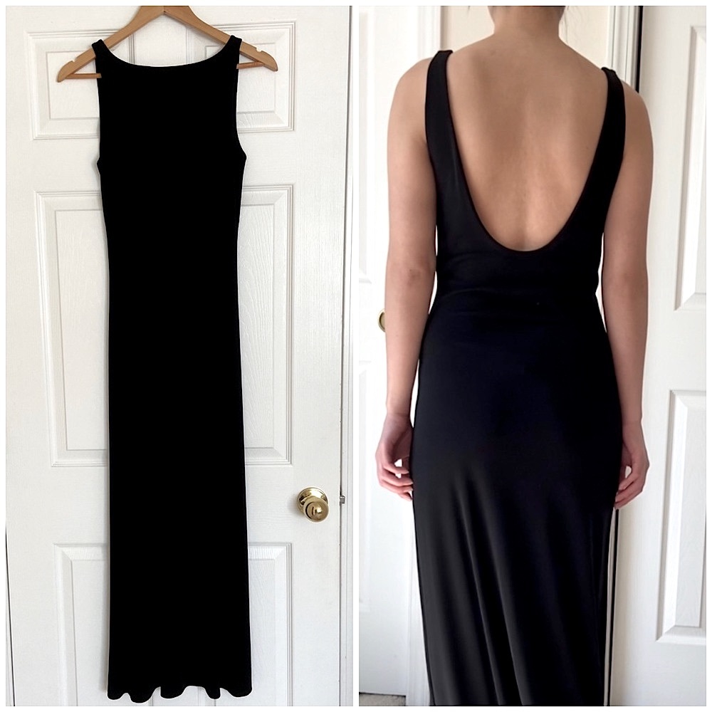 Ralph Lauren Long Black Sleeveless Dress. Boat neck, low/plunging back. Size S